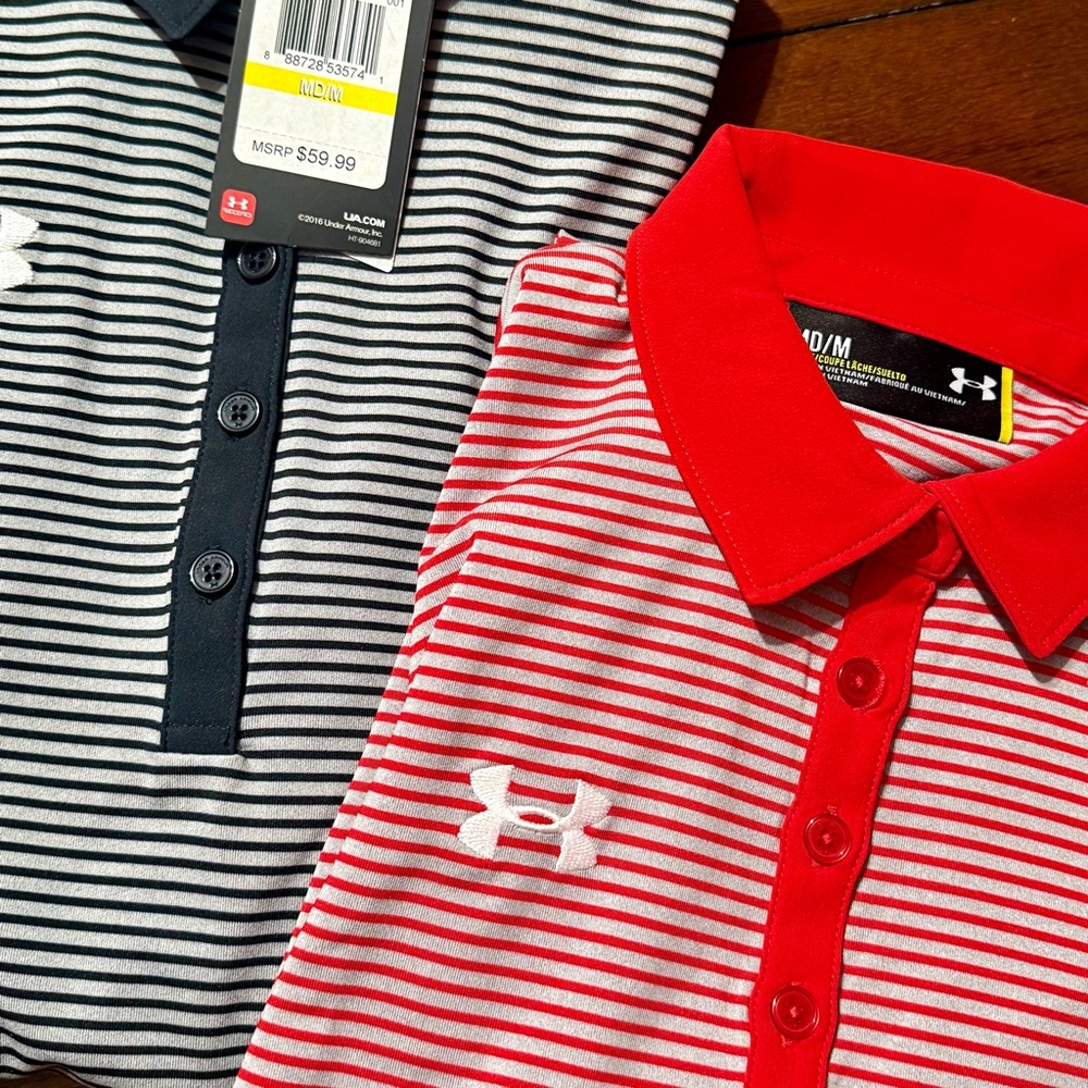 2 NWT Under Armour Women’s Polo Shirts – Red/Gray & Black/White Stripes – Size M